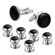 Mens Cufflinks and Studs Set Tuxedo Shirts Classic Black Silver Match Top
