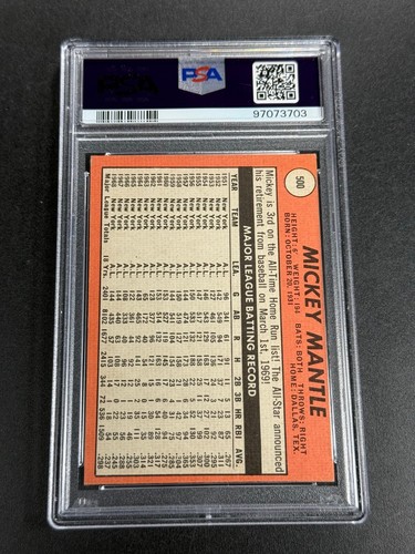 MICKEY MANTLE 1969 69 TOPPS #500 LAST NAME IN YELLOW VINTAGE CARD VG-EX PSA 4 - Picture 2 of 4