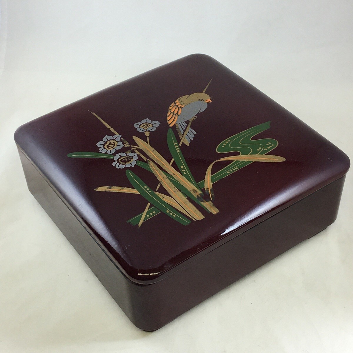 SS Lacquer Ware Japan Dome Lid Footed Square Box Flowers and Bird