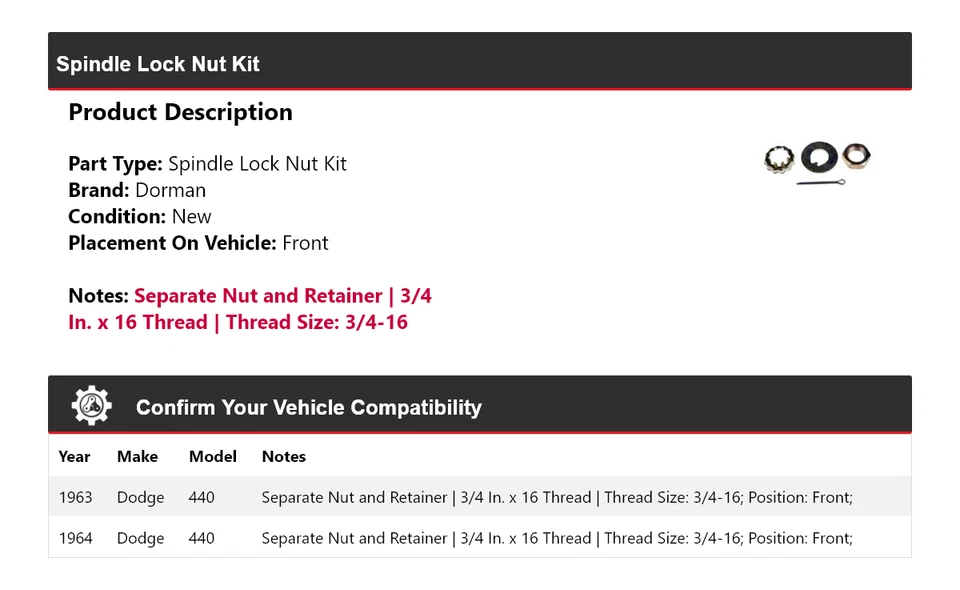 Kit de tuercas de bloqueo de husillo delanteras para Dodge 440 Dorman 1963-1964 Foto 2 de 4