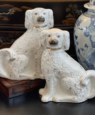 Gorgeous XL 19C White English Staffordshire Spaniel Hunt Mantle Dog Pair 12.5