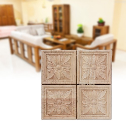 Square Wood Carved Decal Woodcarving Decal 4Pcs Square For Furniture Decoration