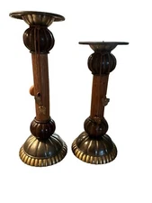 JOHN RICHARDS CANDLE HOLDERS- Two PIECE SET  Wood /Leather/ Brass