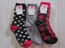 Cuddl Duds Ladies Cozy Lounge Socks 3 Pairs Size 4-10 Grippers Plush Red Black