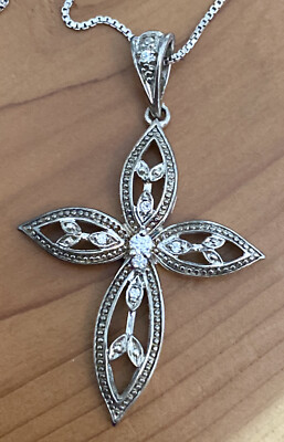 Vintage 925 Sterling Cross with Cubic Zirconia Pendant Box Chain Necklace 18  in