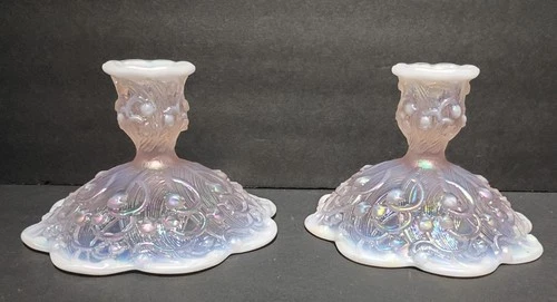 FENTON ART GLASS CO. LILY OF THE VALLEY PINK OPALESCENT ART GLASS CANDLE HOLDERS