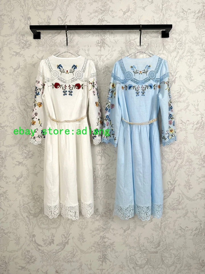 Lino Bordado Moda Manga Larga Grande Columpio Cuello Redondo Camisa Vestido Mujer Foto 2 de 4