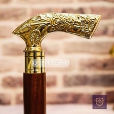 Walking Stick Handle Brass Wooden Victorian Foldable Cane Collectible Men's Gif