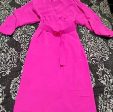 Tea & Cup Dress Womens Small NWT Hot Pink Fuchsia Midi 3/4 Sleeve Belted S