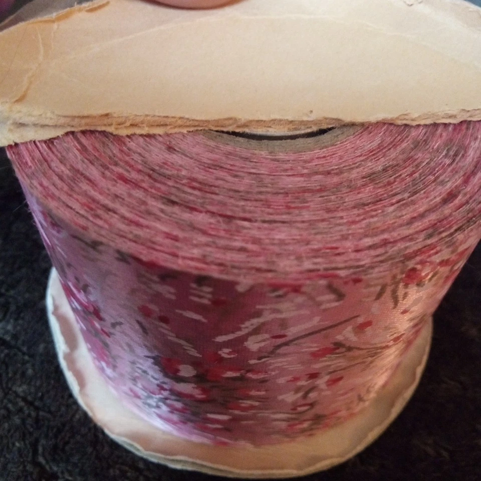 Vtg Lion Product Pink Satin Floral Ribbon Usa 50 or 60 Yds 1950's Nos - Image 3 of 4