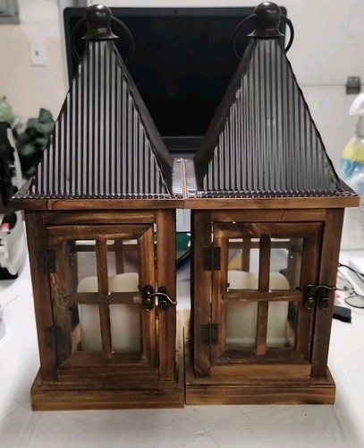 Set of 2 Wooden and Metal Hurricane Candles Lantern Brown Bshelf