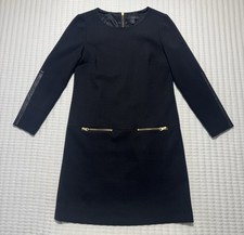 J. Crew Womens Size 0 Black Shift Dress Gold Zip Pockets Faux Leather Arm Patch