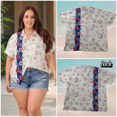 Oko +ableau White Tropical Hawaiian Print Button Up Shirt Women Size XXL