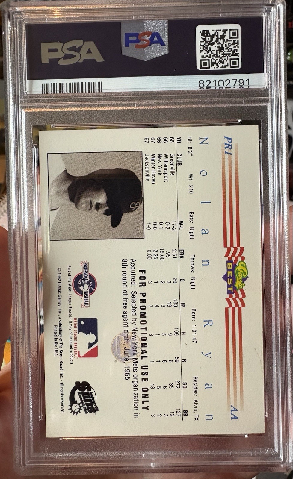 Nolan Ryan 1992 Classic Best PSA/DNA Signed Auto /1967 PR1 Promo. Very Clean!!! view 3