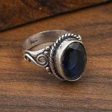 Blue Sapphire Lab-Created Gemstone Handmade 925 Sterling Silver Jewelry Ring