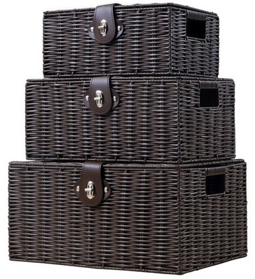 Homepeaz Set of 3 Woven Wicker Storage Basket Box with Lids & Lock, Built-in ...
