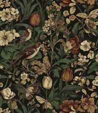 17.3" X118" Vintage Floral Peel and Stick Wallpaper Dark Floral and Bird Contact