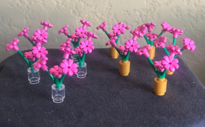 10 Lego Pink Flowers W/ 4 Petals On Each City Plants Friends Gold and Clear Base