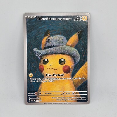 Pikachu Van Gogh Pika Portrait Gray Felt Hat Custom Art Paper Card
