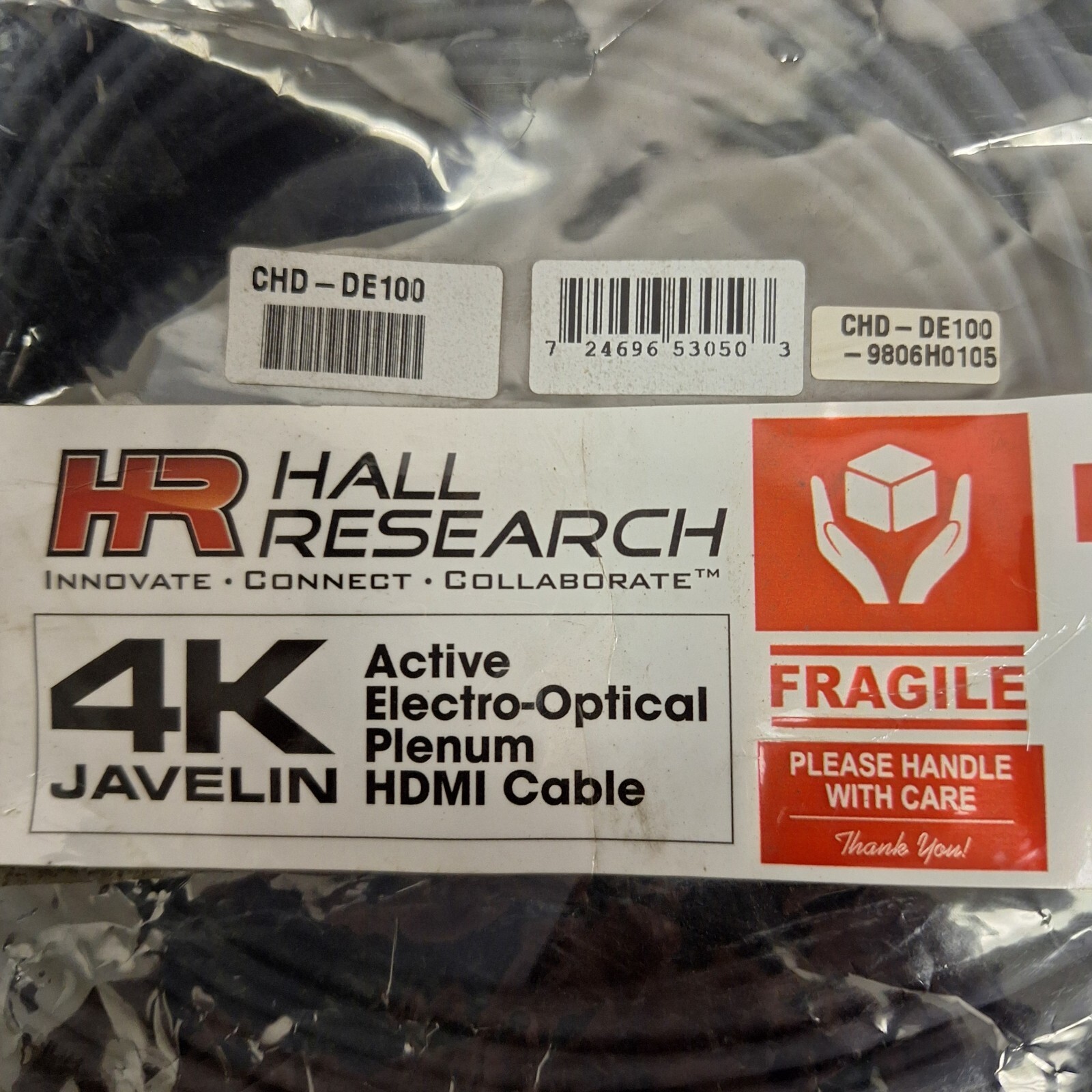 Hall Research CHD-DE100 Javelin 4K Active Electro-Optical Plenum HDMI Cable 100m
