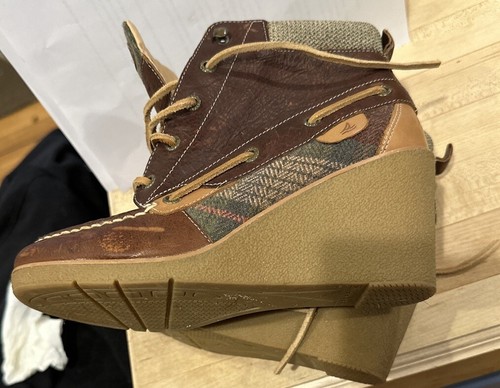 EUC Sperry Top Sider Brown Tan Plaid & Leather Wedge Ankle Boots Sz 8 - Picture 4 of 8