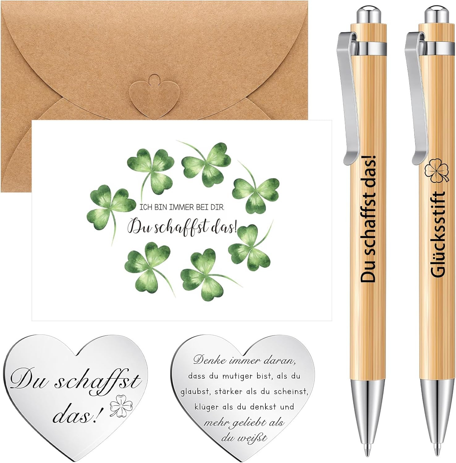 5 Glücksbringer Geschenke: Glücksmünzen, Kugelschreiber & Mutmacher Karte