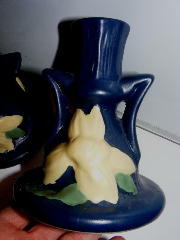 Roseville Pottery Candlestick 2 Candle Holders Clematis Flower Blue