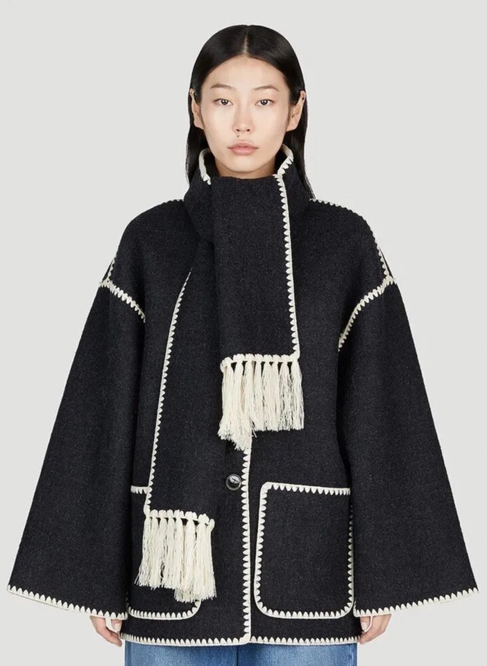 Toteme Scarf Coat Jacket Women's Collar Fringed Dupe Embroidery XS S M L