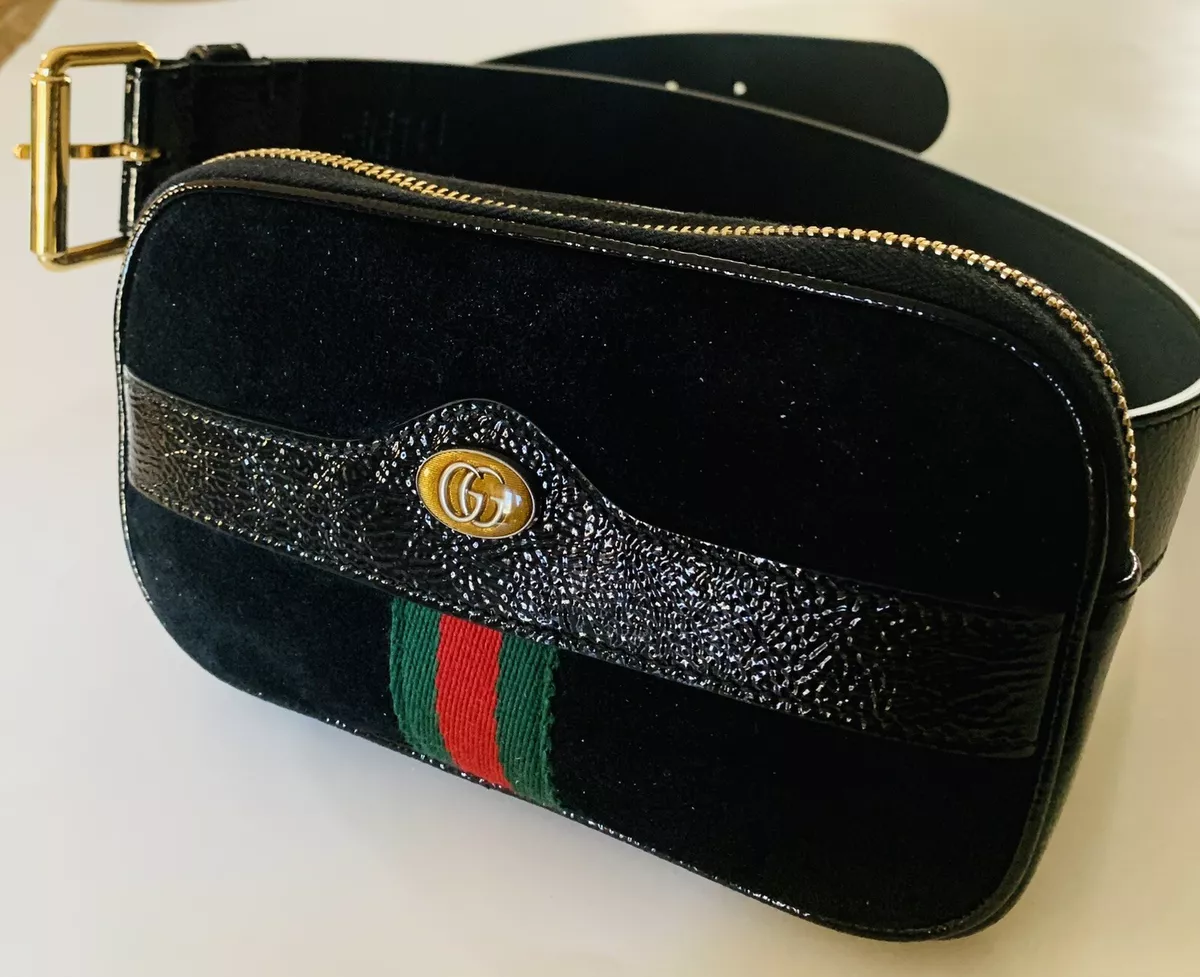 New Gucci Ophidia Belt Fanny Bag, Black Patent Leather&Suede Dustbag  Detach Belt