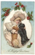 Postcard A Happy Christmas Fancy Dressed Lady Kissing Small Dogs