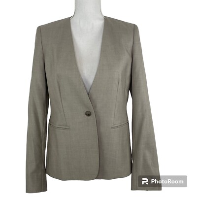 Max Mara Wool Silk Blazer US 8 Neutral Beige V-neck Single Button Lined Italy