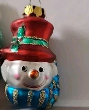 Vtg. Glass Snowman Bust Head Christmas Tree Ornament 3.5" Glitter Accents Read