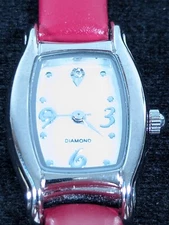 Womans MOP Dial Silver Tone Rectangle Case Red Leather Band Watch 7.75 Inch