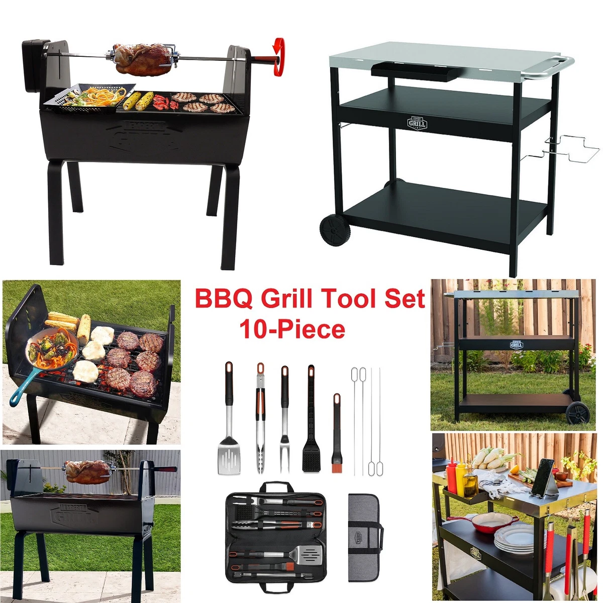 Expert Grill Portable Rotisserie BBQ Grill Food Preparation Cart