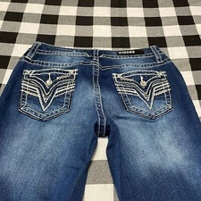 Vigoss Bootcut Heritage Fit Jeans Sz 6 /32 Dark Faux Flap Metallic Stretch Bling