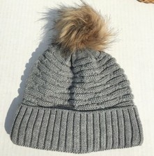 Winter Thick Warm Lined Knit With Faux Fur Pom Stretchy Beanie Ski Hat Gray H