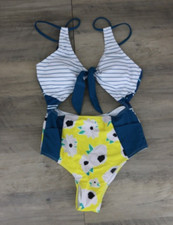 Womens Size Small One Piece Floral Striped Full Bathing Swimsuit Blue Yellow