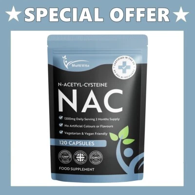 MULTIVITA NAC N-Acetyl-Cysteine 120 Capsules 1200mg Daily Dose Liver & Lung Support UK