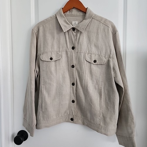 J. Jill Jacket Womens Size L Beige Linen Button Front Utility Trucker Blazer