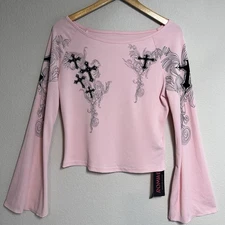 Romwe Top Juniors XL Pink Cross Graphic Bell Sleeve Ribbed Punk Grunge Y2K Style