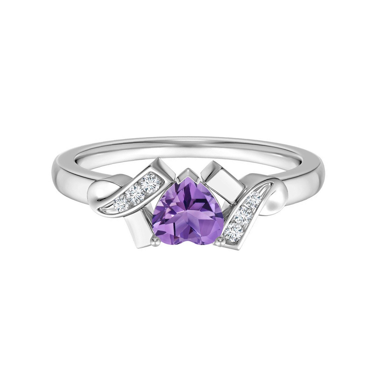 Sterling Silver Heart-Shaped Amethyst Ring - Genuine Purple Gemstone Solitaire Ring For Women - View #7