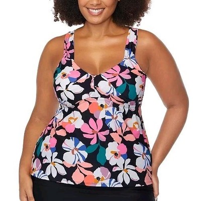 Raisins Curve Trendy Plus Size Rimini Printed Tankini Top Black Multi 18W