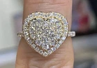 2 Ct Round Cut Real Moissanite Heart Cluster Wedding Ring 14K Yellow Gold Plated