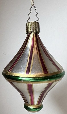 Striped Spinning Top Ornament Mercury Glass Silver Red Green 3'' Tall 2.25'' Wide