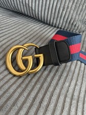 Gucci Men's Adjustable Buckle Blue Red Striped Dress Belt Size 42