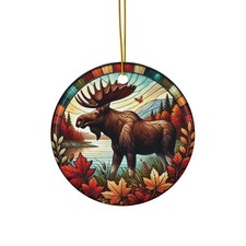 Moose in Autumn Forest Ceramic Ornament Rustic Christmas Decor for Nature Lovers