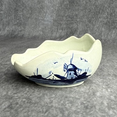 Vintage Delft Blu Egg Trinket Dish: Hand-Painted Windmill Scene 4 3/8 