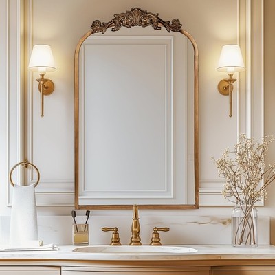 19x31'' Gold Vintage Baroque Ornate Arched Wall Mirror, Classic Decorative Mirror