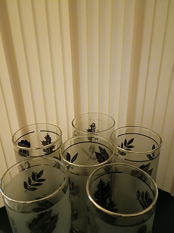 Vtg MCM 1960’s Set Of 6 Libbey 5.25” Silver Leaf Frosted 12oz Glass Tumblers.  z