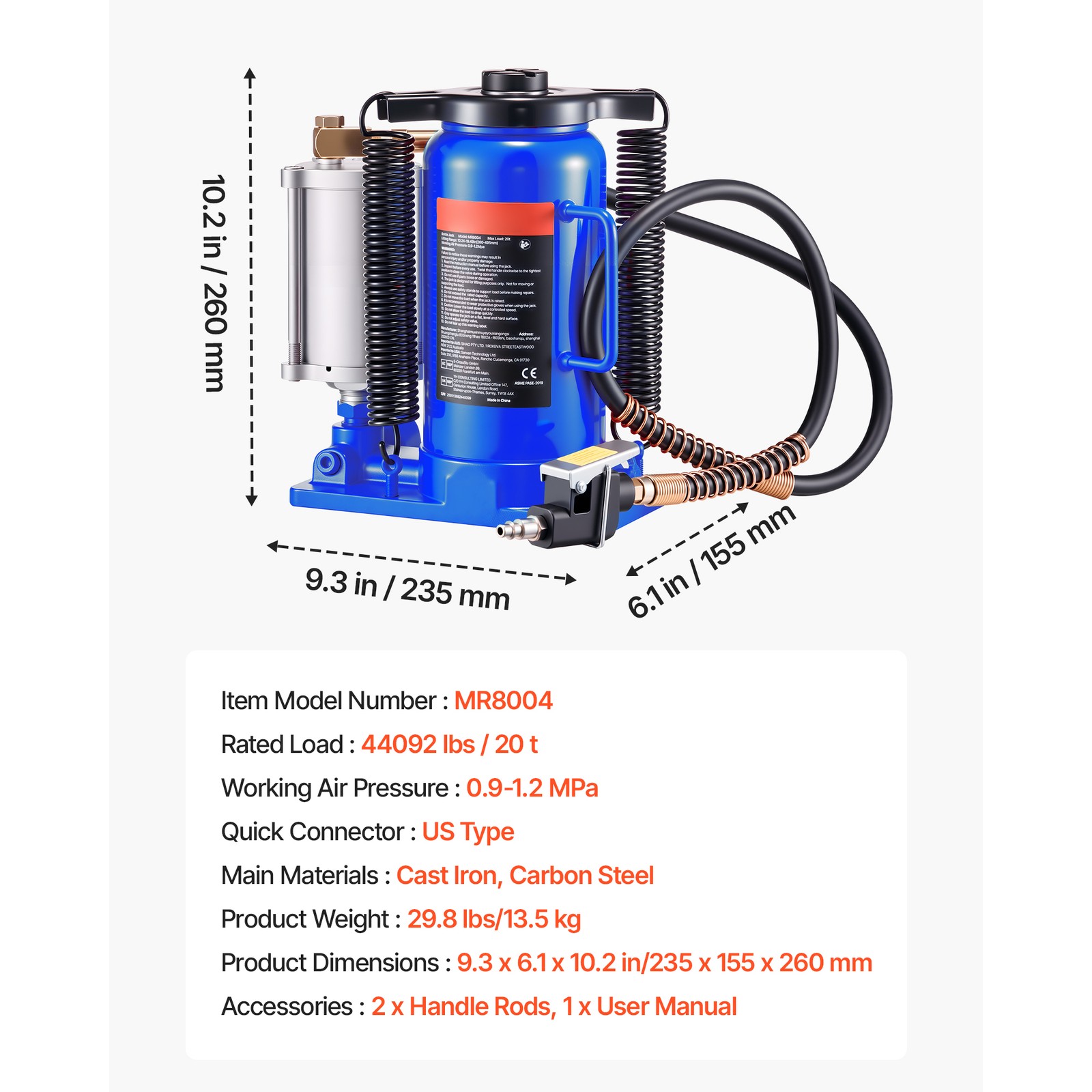 Uimoso 20-Ton Air Hydraulic Bottle Jack for Vehicle Lifting and Maintenance